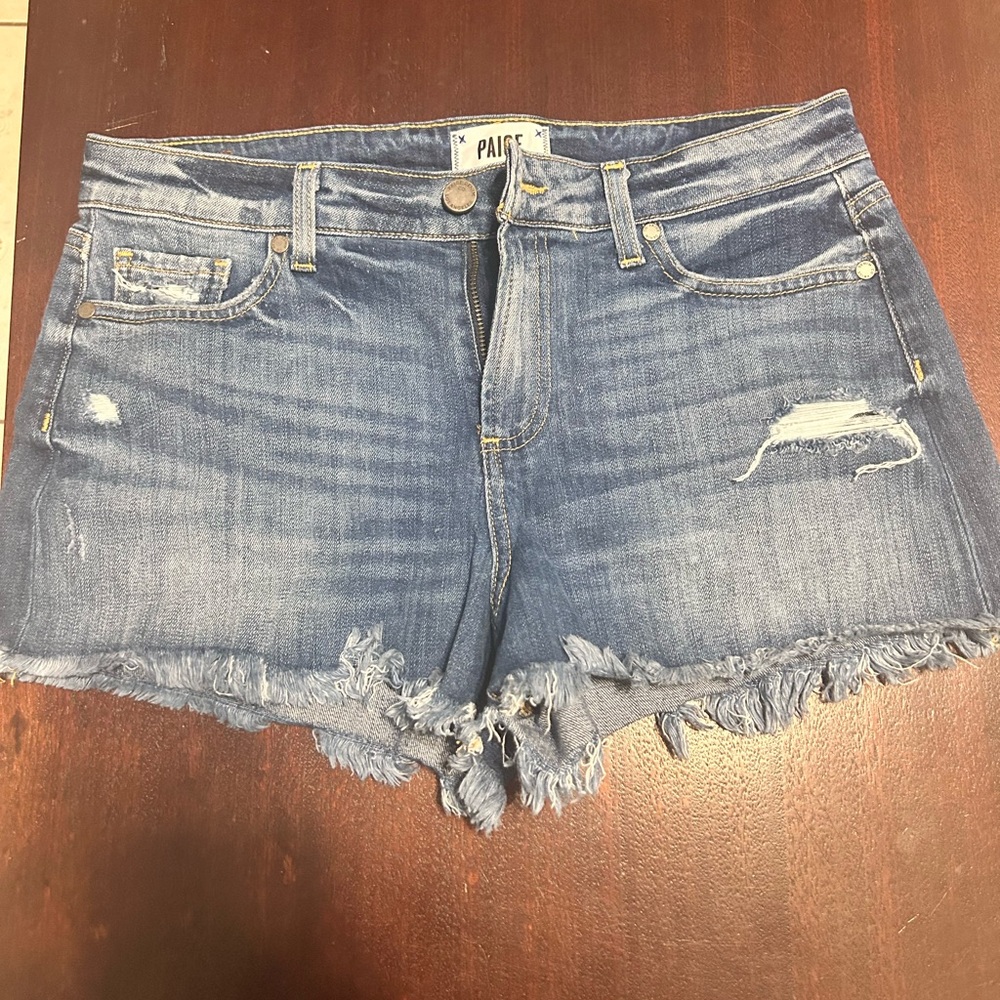 PAIGE Light Blue Frayed Denim Shorts
